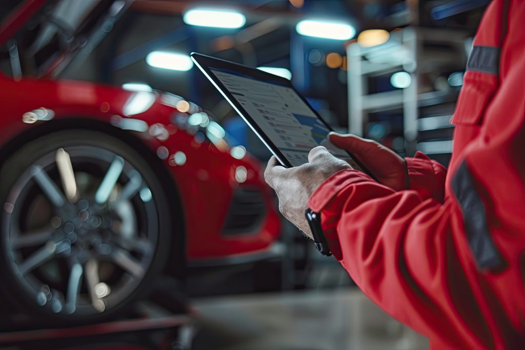 Mobiler vor Ort Service – Moderne Autoglas Reparatur Mobiler vor Ort Service – Techniker überprüft Autoglas Reparatur mit Tablet